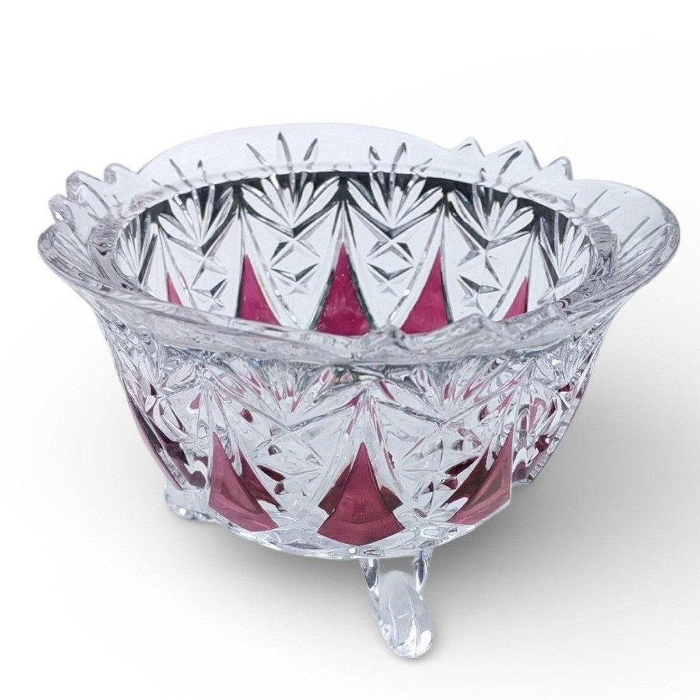 Vintage Cranberry Stained Clear Glass Three Footed Bowl Scalloped Starburst Rim